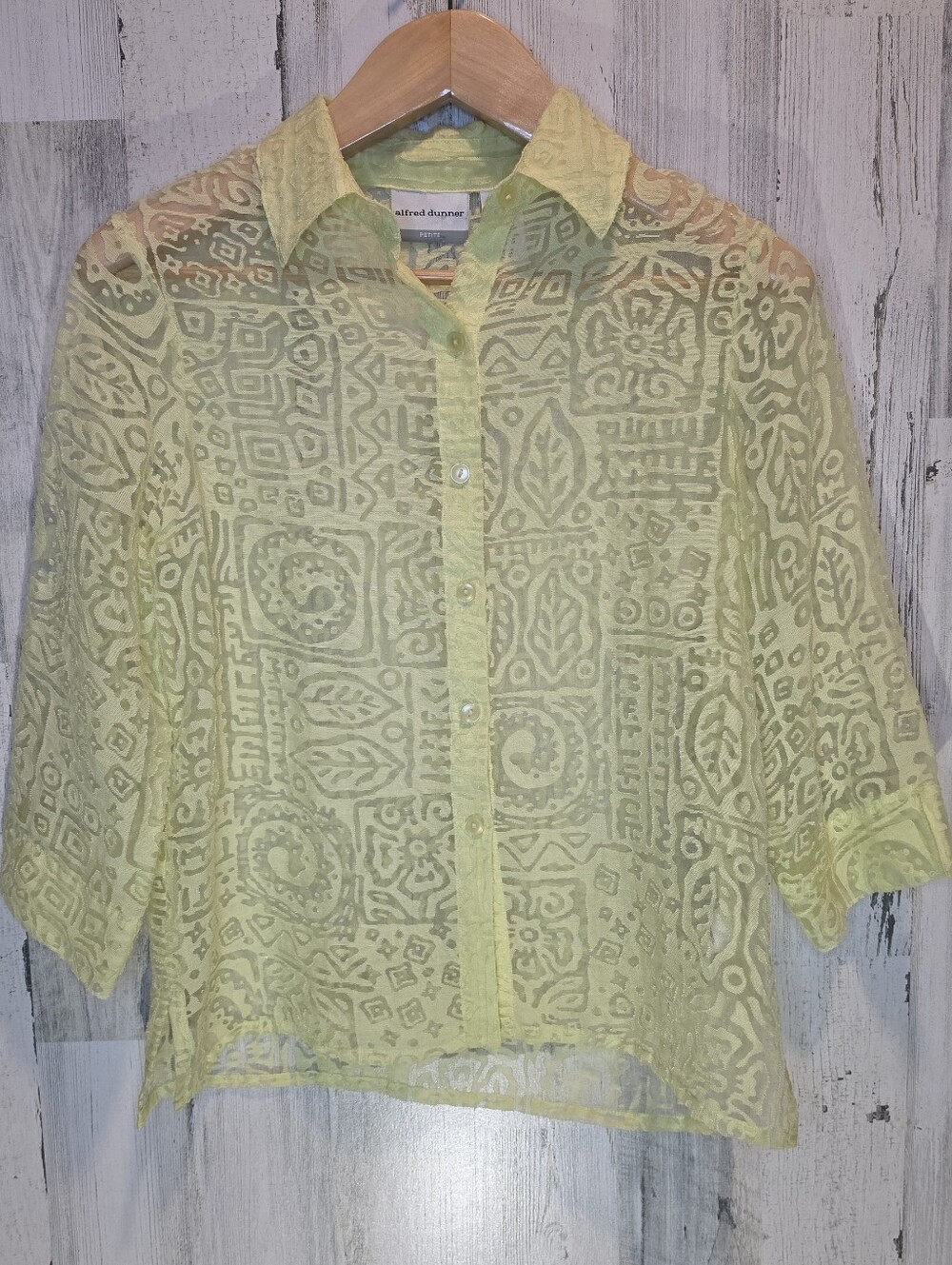 Alfred Dunner Petite 6P Sheer Yellow Burnout Button Blouse 3/4 Sleeve Boho Sheer